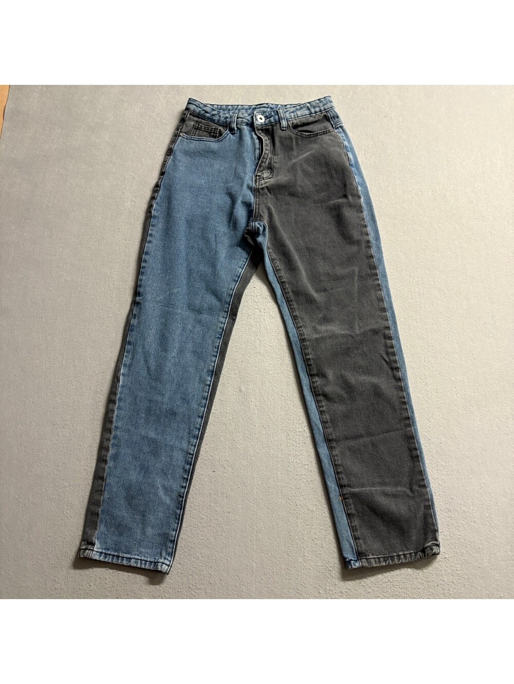 SHEIN Two Tone Jeans Womens XS Blue Black Colorblock High Rise Straight Leg
